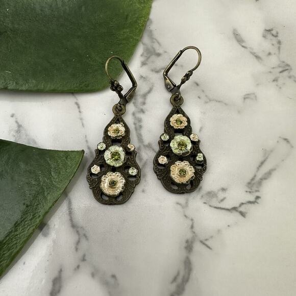 Vintage 70s Pendant Earrings Pink Green Rhinestone Floral Boho Peasant Dangle - Picture 1 of 4